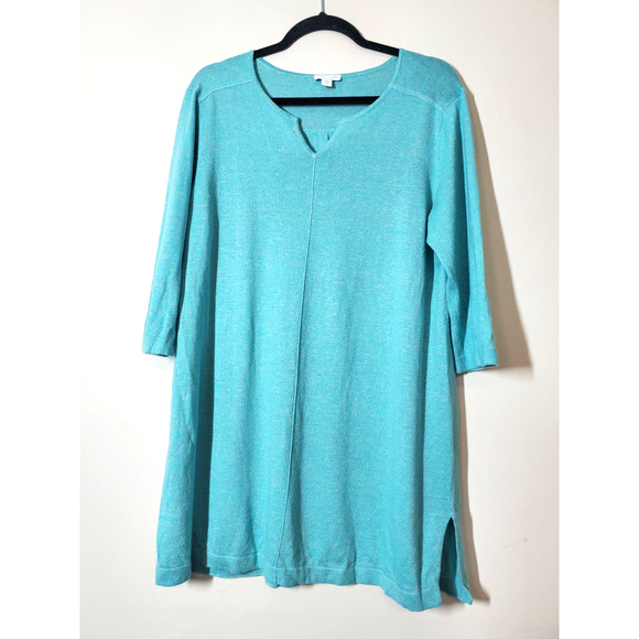 J Jill Sweater Womens Medium LINEN Tunic Aqua Blue Relaxed Fit V-neck Side Slits - Picture 9 of 9